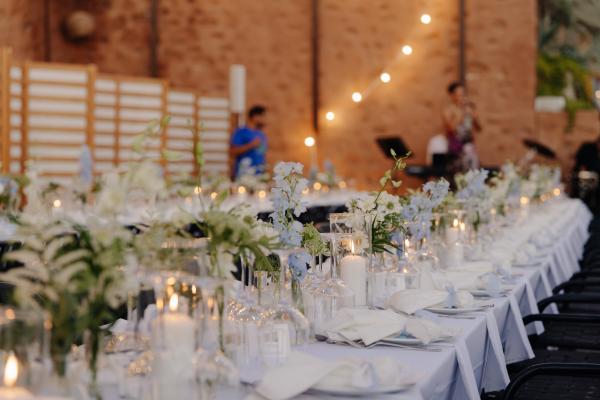 table dressing, string lights, greek wedding, syros, wedding dinner, flower decoration
