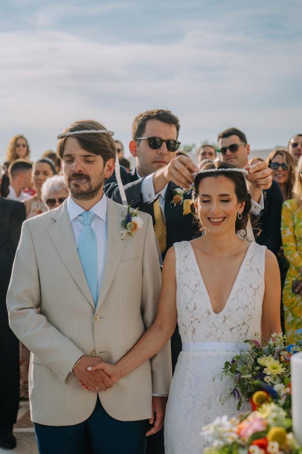 Greek wedding, Paros, greek island, wedding ceremony, exchange of vows, bridal bouquet