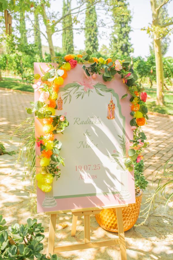 Indo-Greek wedding, wedding venue, wedding decoration, outdoor venue, welcome sign 