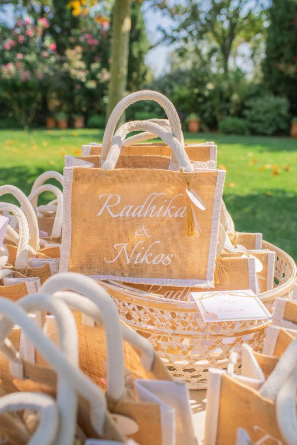 Indo-Greek wedding, wedding venue, wedding decoration, outdoor venue, wedding bag, wedding favor