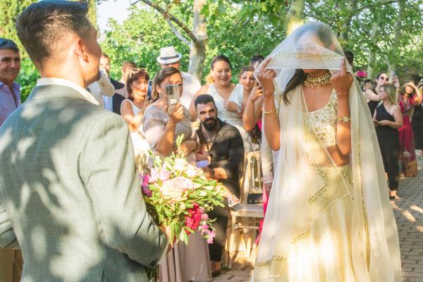 Indo-Greek wedding, wedding ceremony, wedding venue, nature, traditional indian wedding outfit, bridal bouquet 