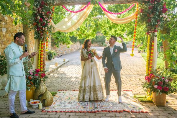 Indo-Greek wedding, wedding ceremony, wedding venue, nature,  traditional indian wedding outfit, flower decoration 