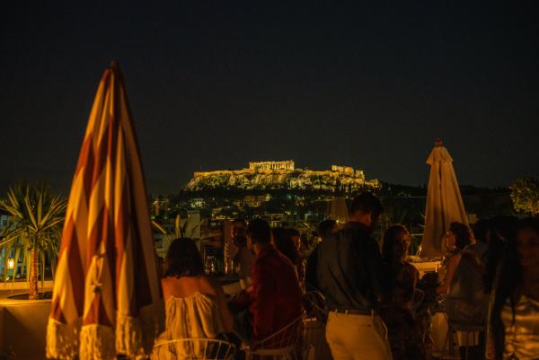 Indo-Greek wedding, wedding venue, rooftop, Athens, sun, wedding party, view, Acropolis
