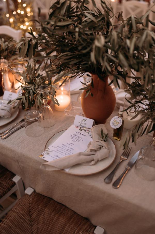 Greek wedding, Greek island, Serifos, wedding venue, nature, wedding decoration, tablesetting, string lights, ceramic vases, olive branches 