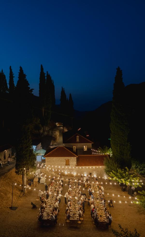Greece, Greek venue, nature, green, vineyards, name giving, venue decoration, dinner decoration, grapes, string light, dinner party