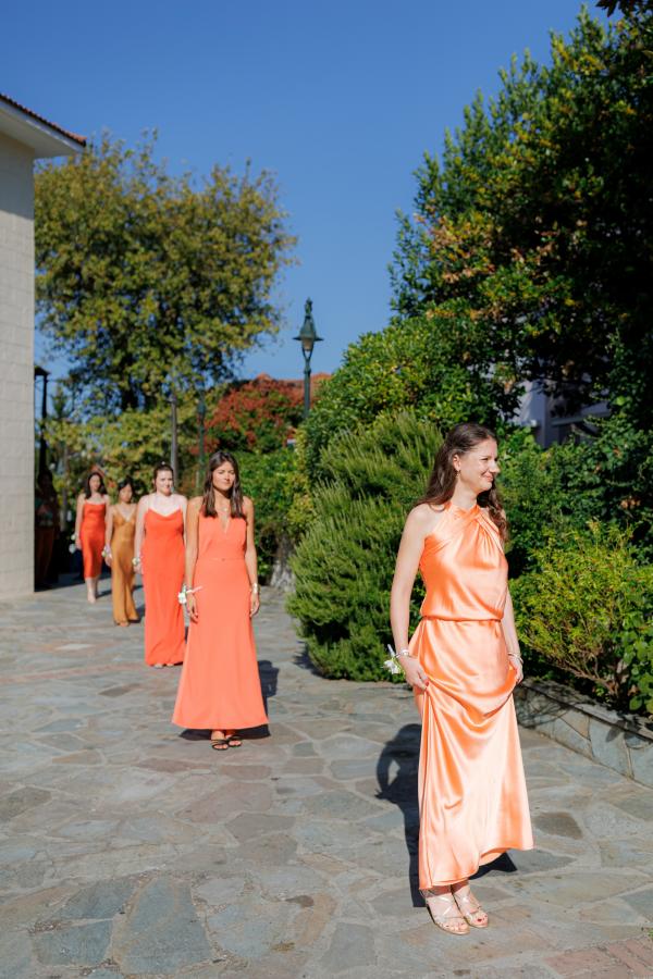 Greek wedding, Greece, Litochoro, Saint Demetrios Church, ceremony venue, Orthodox ceremony, wedding outfit, bridesmaids