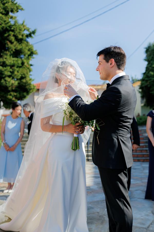 Greek wedding, Greece, Litochoro, Saint Demetrios Church, ceremony venue, Orthodox ceremony, wedding outfit, bride, wedding dress, groom, wedding suit