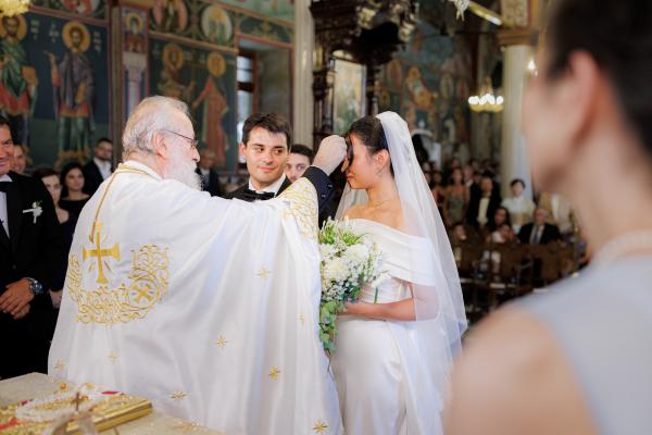 Greek wedding, Greece, Litochoro, Saint Demetrios Church, ceremony venue, Orthodox ceremony, wedding outfit, wedding dress, bride, groom, union, bridal bouquet