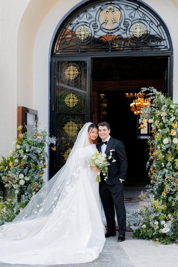 Greek wedding, Greece, Litochoro, Saint Demetrios Church, ceremony venue, Orthodox ceremony, wedding outfit, wedding dress, bride, groom, union, bridal bouquet, flower decoration